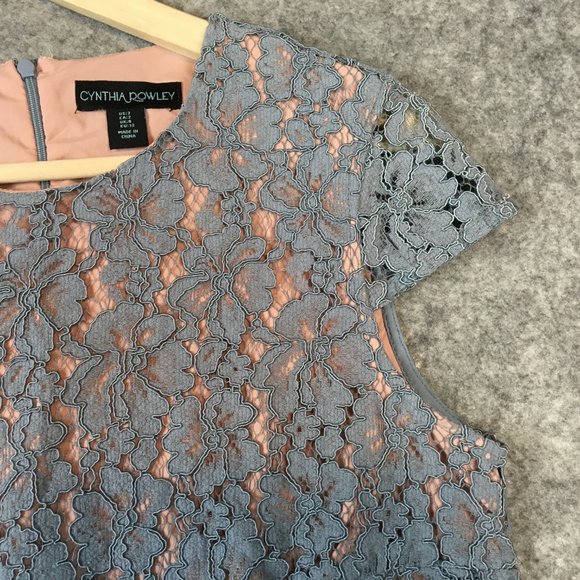 Cynthia Rowley Blouse Top 2 XS Lace Shell Dusty Blue Floral Cap Sleeve Career - Picture 4 of 13